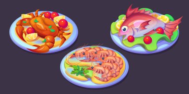 Renkli süslemelerle servis edilen kaplanmış deniz ürünleri. Limon dilimleri ve domateslerle süslenmiş pişirilmiş yengeç. Marul ve narenciye ile süslenmiş ızgara balık. Maydanozlu, sebzeli taze karides..