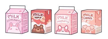 Kawaii tarzı süt içecek kutuları beyaz arka planda izole edilmiş. Çağdaş vektör karikatür çizimi, tatlı hayvan karakterli karton paketlerde meyve sütçüsü içeceği, tatlı Japon kokteyli