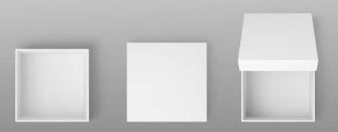 3d boş beyaz hediye kutusunu aç. Üst görünüm vektörü boş. Kapak gerçekçi mevcut tasarımlı kağıt kare paket. Teslimat için makyaj ürünü kabı. İş küpü karton küçük paket