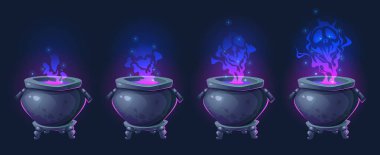 Siyah arka planda mavi ve mor renkli dumanlı mistik kazanlar. Çizgi film Cadılar Bayramı esrar animasyon aşamaları iksir yayma sihirli parıltılar ve korkunç canavar yüzlü buhar.