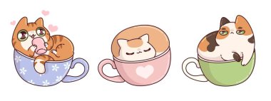 Kahve fincanı çizimindeki sevimli kedi. Valentine 'daki kafe için komik kedi baskısı tasarımı. Tapılası ve kawai hayvanı sabahları çay bardağına bayılır. Mutlu, gülen bir surat, izole edilmiş bir Japon kalbi.