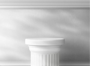 3D sütun podyumu. Beyaz sütun arka planda müze anlamına geliyor. Ürün için mermer platform veya sunum için Yunan galerisinde sergi. Soyut gerçekçi sergi heykel sergisi grafiği