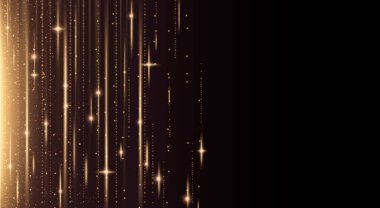 Parıltı efektli soyut altın dikey ışık çizgisi. Işık huzmesi ve parlak bg ile sihirli parçacık patladı. Gece kulübü afişi için lüks bir gece perdesi. Yan dizgi çerçeve grafiği