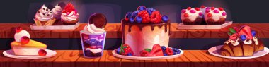 Pastalar ve kekler ile şekerci dükkânı vitrini. Çikolatalı turta, cheesecake, dondurma, meyveli ve meyveli kruvasan kekleri ve şekerleme vitriniyle süslenmiş rafların vektör çizimi.