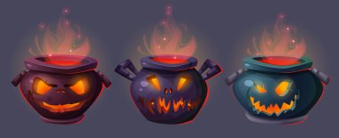Büyülü cadılar bayramı cadılar bayramı kazanı ve korkunç ateş surat vektörü. Büyücü iksiri Caldron 'da pişiyor ve duman izole edildi. Parti illüstrasyonu için kaynayan simya ile korkunç büyücü büyüsü kutusu.