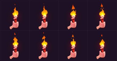 Yanan el fenerini tutan çizgi film karakterinin animasyon sahnesi. Koyu arkaplanda parlayan alev hareketi için sekiz kare. İnsan palmiyesi kavrayıcı ahşap sapı turuncu ve sarı yanıp sönen ateş.