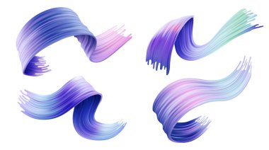 Mavi ve mor renkte 3 boyutlu fırça darbeleri. Düz geçiş ve dokulu kenarları olan kurdele şekilleri. Modern grafik tasarım elementleri dalga akrilik fırça darbesi vektör kümesi.