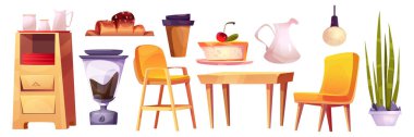 Konforlu kafe ya da restoran içi öğeler - mobilya eşyalar arasında sürahiler, kahve değirmeni ve pastalar, ahşap masanın yanındaki yemek sandalyeleri, tatlı cheesecake tatlıları ve paket servis kupaları yer alıyor.