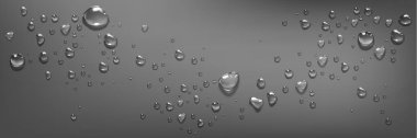 Water droplets scatter on glass window or smooth gray surface. Clear crystal spheres and puddles of various size reflecting light on dark background. Realistic 3d vector banner with raindrops. clipart