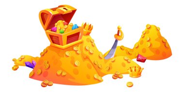 Altın sikke hazinesi ve oyun vektörü için göğüs kutusu. Altın korsan ganimeti, mücevher ve parlak kristal bonusuyla. Mücevher ve antik servet yığını. Ortaçağ taçlarından esrarengiz bir kupa.