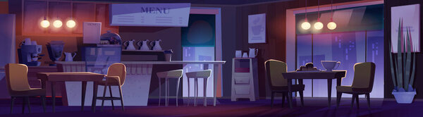 Cozy restaurant interior at night time with pendant light bulb, comfortable seating and coffee equipment behind counter. Dark evening city buildings visible through windows. Empty cafe room.