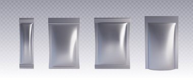 Şeffaf arka planda gümüş metalik renkli çanta modeli. Gıda, kozmetik ürünler ve marka kimlik tasarım sunumları için çeşitli boş ambalaj şablonları şekilleri ve boyutları.