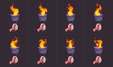 Oyun için meşale ateşi ruhu. Alev çerçeve karikatür vektörü ayarlandı. Şenlik ateşi fx döngü animasyon varlık kiti. Antik olimpiyat sopasıyla video için ortaçağ sihirli yakma kağıdı. Eski lamba el çizelgesinde