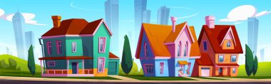 Evleri olan bir banliyö sokağı. Gökdelenleri, gayrimenkulleri, mavi gökyüzündeki bulutları ve gökdelenleri olan modern büyük şehir arka planına karşı yeşil bahçeli kır evlerinin vektör çizimi