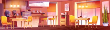 İçi kahve ve fırın resimleriyle dolu samimi bir restoran. İçmek için çay fincanı ve tezgahta tatlı yiyeceği olan bir matara. Amerikan tarzı ahşap kafeterya mobilyaları. Sabahları kahve dükkanında.