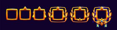 Çizgi film ilerlemesi altın kare avatar çerçeveleri - temel rozet, değerli taşlar, süslü yapraklar, dekoratif kanatlar ve roket başarı seviyeleri için mavi kurdeleli kraliyet tasarımı veya oyuncu kadrosu.