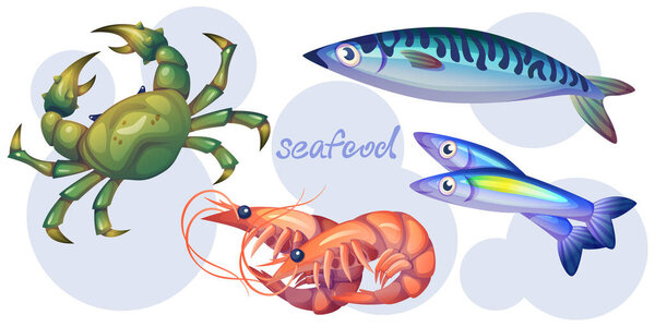 Seafood set isolated on white background. Vector cartoon illustration of crab, fish, shrimp, tuna, fresh ingredients for cooking gourmet dish, restaurant menu icons, food market products collection