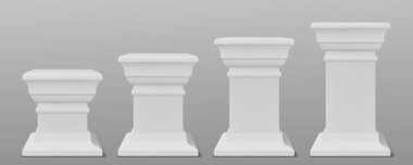Arka planda izole edilmiş antika beyaz sütunlar. 3d kare mermer sütunların vektör gerçekçi illüstrasyonu, ürün sunumu için kaidesi, antik saray balyumu tasarım unsuru, müze podyumu