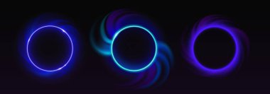 Mavi neon ışık çemberleri siyah arkaplanda izole edilmiş. Parıldayan parçacıklar, fütüristik uzay portalı ve gece kulübü dekorasyonuyla karanlıkta parlayan yuvarlak çerçevelerin gerçekçi temsili.