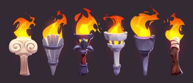 Yanan meşale seti siyah arka planda izole edildi. Ahşap, taş, demir saplı, antika, ortaçağ, spor yarışması ışık ikonları, saray meşalesi üzerindeki parlak alevin vektör çizimi