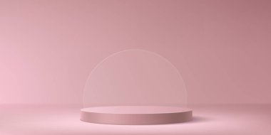 Luxury pink platform with overlapping transparent circular glass element. Minimalist elegant showcase setup with premium cosmetic display or elegant product staging. Realistic vector studio room. clipart