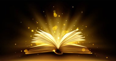 Siyah arkaplan üzerine parlak sayfaları olan açık bir kitap. Peri masalı, büyü, din, bilim edebiyatı, içinde parlayan ışık, eğitim ve okuma hobilerinin gerçekçi temsili