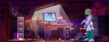 Kırık mobilyalar ve örümcek ağları arasında dolaşan ürkütücü zombi karakterli terk edilmiş bir dedektif ofisi. Eski bilgisayar ekranı, dağınık kağıtlar ve hasarlı ahşap masa. Canavarlı ürkünç polis bürosu.