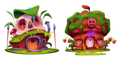 Peri masalı cüce evleri beyaz arka planda izole edilmiş. Yuvarlak pencere ve kapıları, orman kulübesi, meşe palamudu, çimen, mantar ve çiçek süslemesi olan hayali cüce kulübesinin vektör çizimi