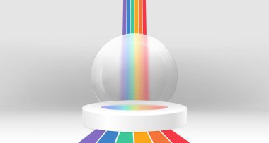 Gökkuşağı arka planında cam morfizm süslemesi olan yuvarlak podyum. Galeri zemininde ve duvarda renk çizgilerinin vektör gerçekçi illüstrasyonu, spor modası platformu, kozmetik ürün sunumu