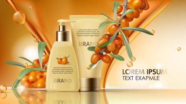 Sea Buckthorn kozmetik vektörü gerçekçi reklam posteri. Kozmetik krem ya da losyonlu zarif ambalaj, sulu turuncu deniz ürünleri dalı, zeytin yeşili yapraklar ve akan altın yağ, dergi maketi