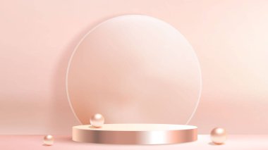 Minimalist bej podyum. Metalik küreler ve cam dairesel zemin. Premium ürün sunumu ya da kozmetik reklamcılık için yumuşak pembe, pırıl pırıl elementlerle şık bir ekran düzeni..