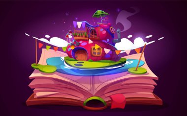 Siyah arka planda izole edilmiş sayfalarda balkabağı evi fantezisi olan açık bir kitap. Göl adasında peri masalı cüce kulübesi olan hikaye kitabının vektör çizimi, cüce hikayesi, hobi sembolü okumak.