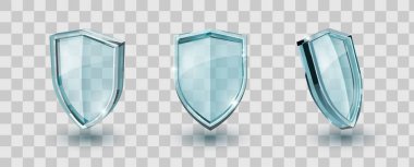 Cam güvenlik kalkanları farklı açılardan gösteriliyor. Mavi parlak yüzeyli şeffaf koruyucu amblemler ve sağlık hizmetlerinin korunması veya savunma yazılım arayüzü kavramı için yansıtıcı vurgular.