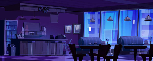 Cozy coffee shop interior during nighttime with violet and blue lighting. Bar counter with cups, bottles and supplies. Modern pendant lamps under dining area with comfortable sofas near windows.