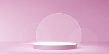 Üst üste binen şeffaf cam elementlerle süslü pembe bir platform. Premium kozmetik sergisi ya da zarif ürün sahnelemesi olan minimalist zarif bir dekor. Gerçekçi vektör stüdyo odası.