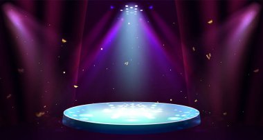 Sahne ışıkları ve kırmızı perdeleri olan yuvarlak bir podyum. Sirk arenasının gerçekçi temsili, dairesel konser sahnesi, ışıklı ürün sunum platformu ve havadaki altın konfeti.