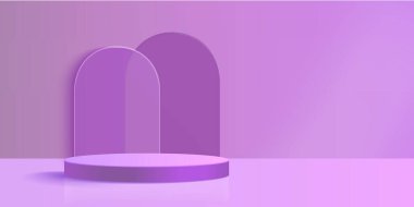 Kıvrımlı cam kemerlerle süslü mor bir sahne. Lüks marka sunumu ya da ürün gösterimi için yarı saydam arkaplan unsurları olan asgari silindirik platform. Stüdyo odasının içi.