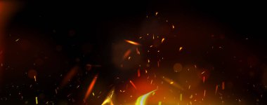 Karanlık arka planda parlayan ateş kıvılcımları yükselir. Parlak közler parlak temelden yukarıya doğru dağılır. Isı, tehlike veya enerji efektlerini tasvir etmek için alevli ışık elementleriyle gerçekçi vektör ateşleme arkaplanı.