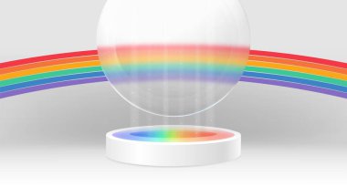 Gökkuşağı çizgili minimalist podyum. Renkli gurur bantları ve yüzen cam şeffaf çemberli beyaz dairesel platform. LGBTQ temalı sunumlar veya kapsayıcı marka gösterileri için sahne.