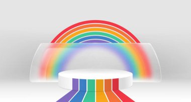 Gökkuşağı çizgileriyle süslenmiş beyaz dairesel podyum dekoratif cam şekilli canlı kemer arkaplanına öncülük ediyor. Gökkuşağı renginde gurur temalı platform. Renkli dekorlu modern ekran ayarları.
