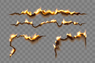 Burning paper edges with glowing flames and dark scorched borders on transparent background. Realistic 3d curved patterns with different stages of combustion with orange and yellow fire tongues. clipart