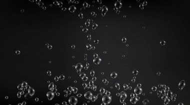 Siyah arka planda köpüklü su damlaları. Yağmur damlacıkları, su püskürtme efekti, kozmetik serum damlaları dokusu, yoğunlaşma ile kaplı ıslak pencere veya duvar yüzeyinin gerçekçi vektör çizimi
