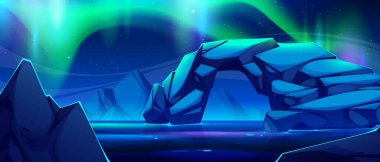 Kuzey Işıkları ile kutup manzarası. Buz oluşumları ve kutup suları yeşil Aurora Borealis parıltısını yansıtır. Kristal zirveler ve geceleri yıldızlı gökyüzü. Göksel aydınlatma ile doğal bir fenomen