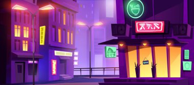 Şehir merkezinde neon ışıklarıyla aydınlatılmış canlı bir gece sahnesi. Parlak tabelası olan doğu restoranı olan şehir caddesi, konut binaları ve sokak lambalarının camlarını aydınlatıyor. Maç için mor şehir manzarası.