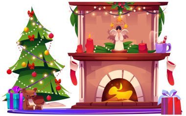 Noel için evin içinde yanan şöminenin yanında süslü bir ağaç var. Karikatür kış tatili unsurları - melek ve yanan mumlar, asılmış çoraplar ve paketlenmiş hediyeler, mevsimlik dekorasyonlar.