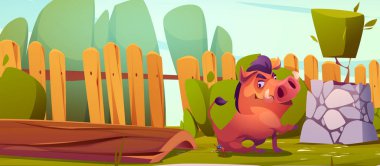 Evin arka bahçesi çizgi film geçmişi. Yazın çitleri olan vahşi bir bahçe. Yeşil kırsal alanda ağaç kütüğü ve yaban domuzu. Doğa şartlarında domuz avlamak. Tahta sandık dışarıda.