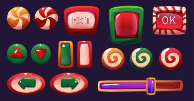 Candy game ui buttons set isolated on black background. Vector cartoon illustration of progress bar, round and square xmas lollipop frames, sweet border templates, arrow signs, gaming app design kit clipart