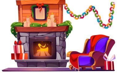 Kış sıcacık şöminesi, parlak alevleri ve yanında rahat bir koltuğu var. Noel süsleri, yanan mumlar, paketlenmiş hediye kutuları. Şenlikli kutlamalar için ev dekorasyonu.