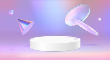 Soyut pastel arka planı olan 3D hologram podyumu. Ürün sergisi için kaidesi olan pembe ve mor bir stüdyo. Holografik kozmetik modeli. Gösteri arkaplanı gradyanı olan gerçekçi asgari alan