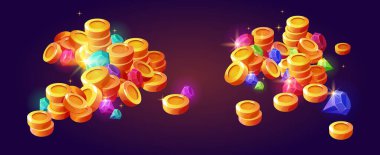 Altın sikke ve mücevher yığını karikatür vektörü. Eski ortaçağ korsan kupası için para, kristal ve elmas yığını. Bankanın izole edilmiş objec tasarımı için parlak zenginlik. Uygulama için nakit para.